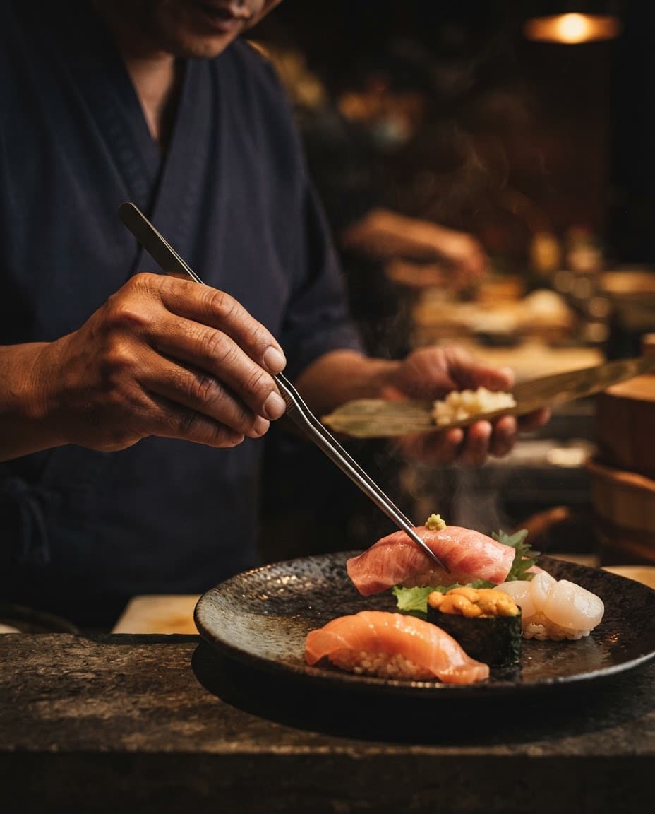 Chef plating nigiri