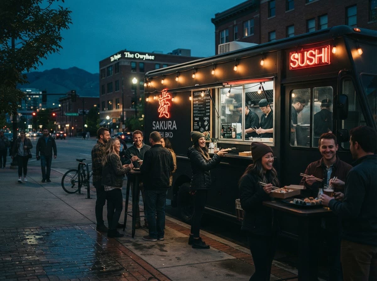 The Fish on the Roll truck serving at dusk
